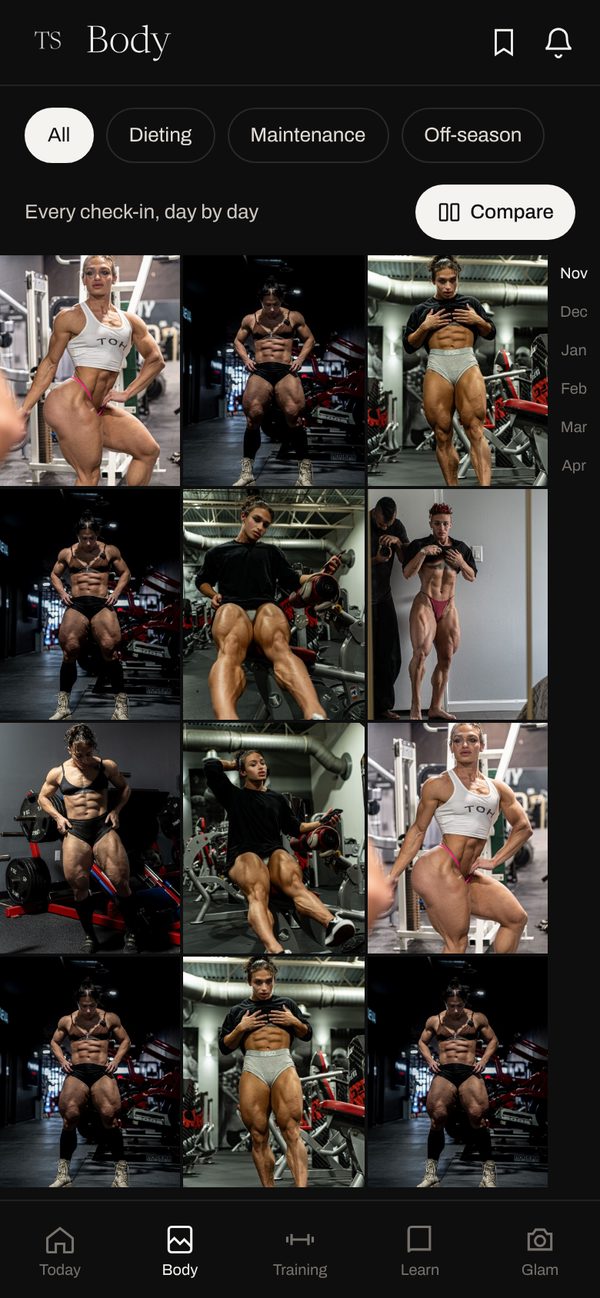 Body screen: grid of daily check-in photos