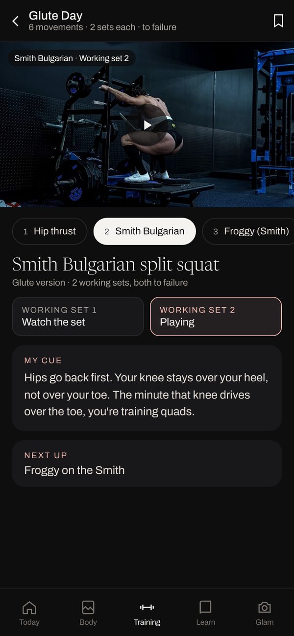 Workout screen: video of a working set with the exercise list and her cue